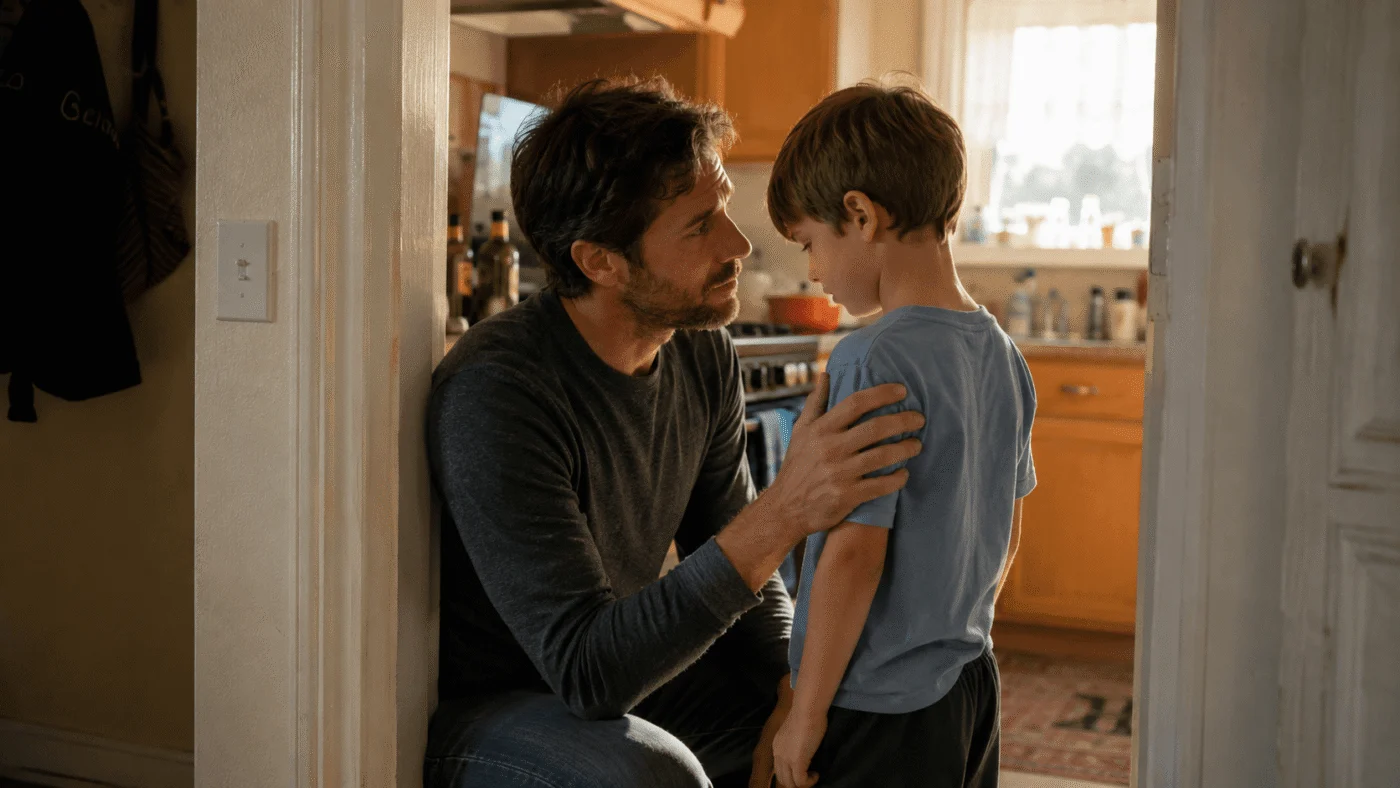 A father crouches at his young son's eye level in a warm kitchen doorway, one hand resting on the boy's shoulder, after a small correction the boy's face has fallen