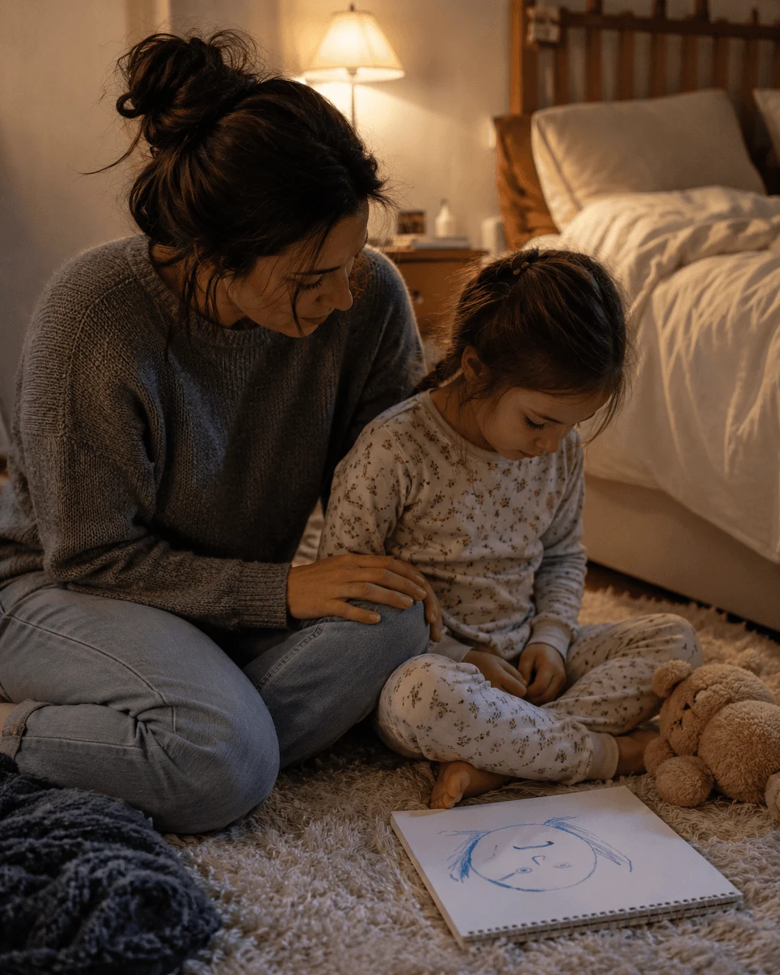 A mother sits close beside her daughter on a bedroom rug, both quiet, the girl looking down at a drawing pad after a wave of feeling has passed