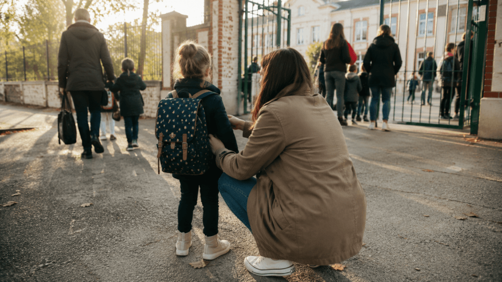 Mother reassuring her daughter beside a school gate