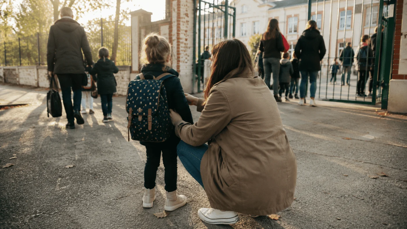 Mother reassuring her daughter beside a school gate