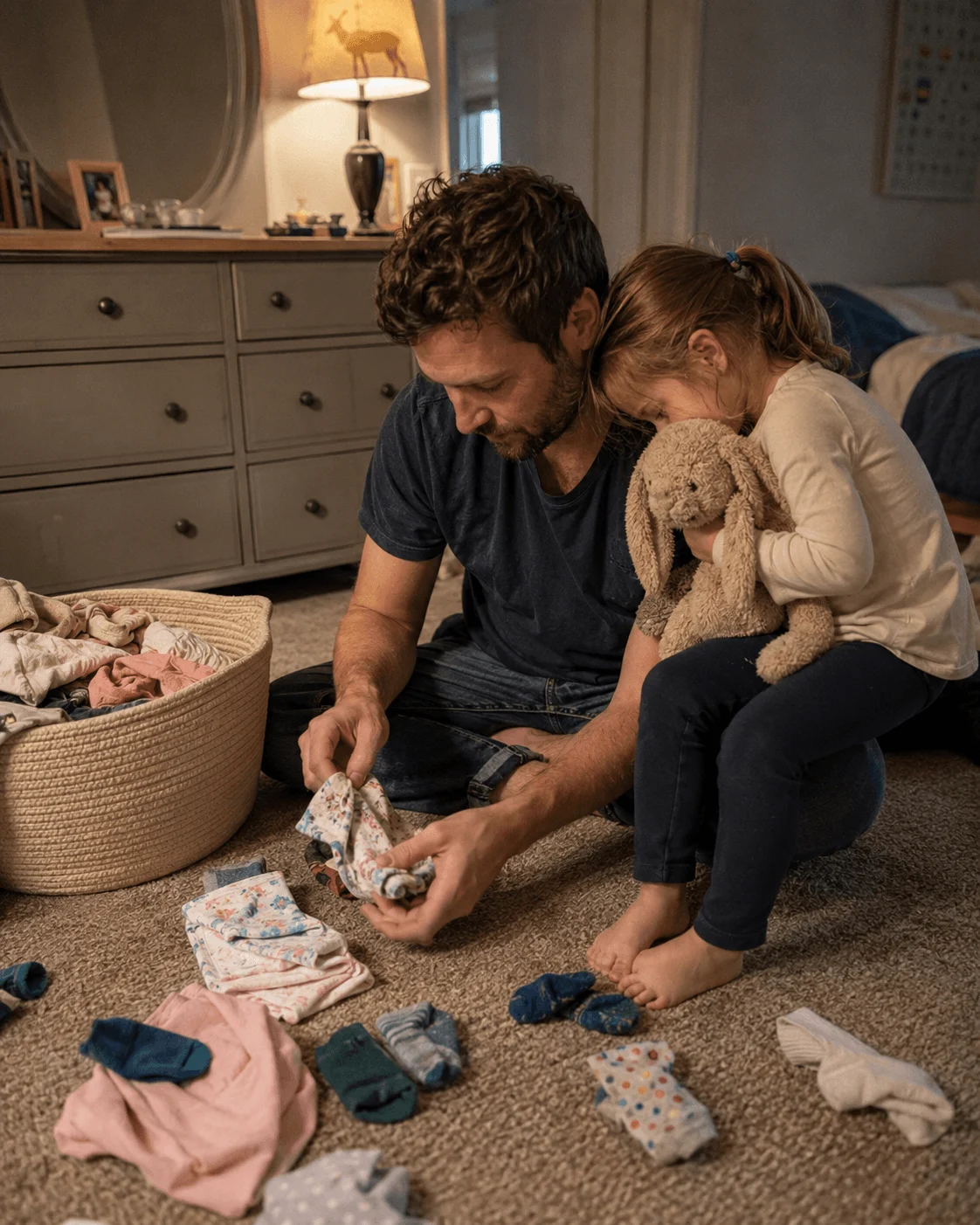 Parent and child sorting different socks on a bedroom floor
