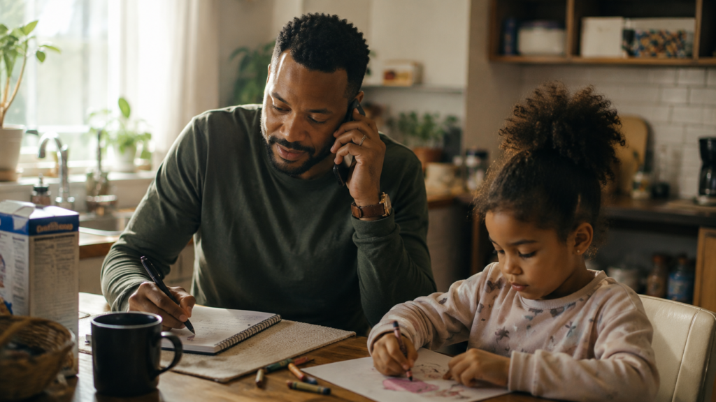 A father sits at a sunlit kitchen table on the phone with a notebook of specialist names, his young daughter drawing beside him