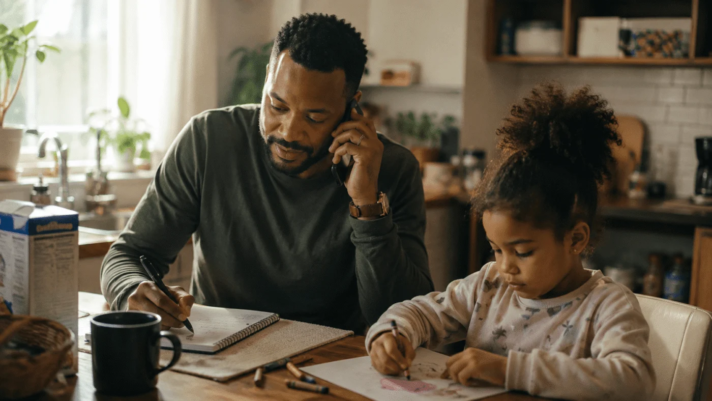 A parent sits at a sunlit kitchen table with a phone to their ear and a notebook of scribbled names in front of them, a child drawing quietly nearby
