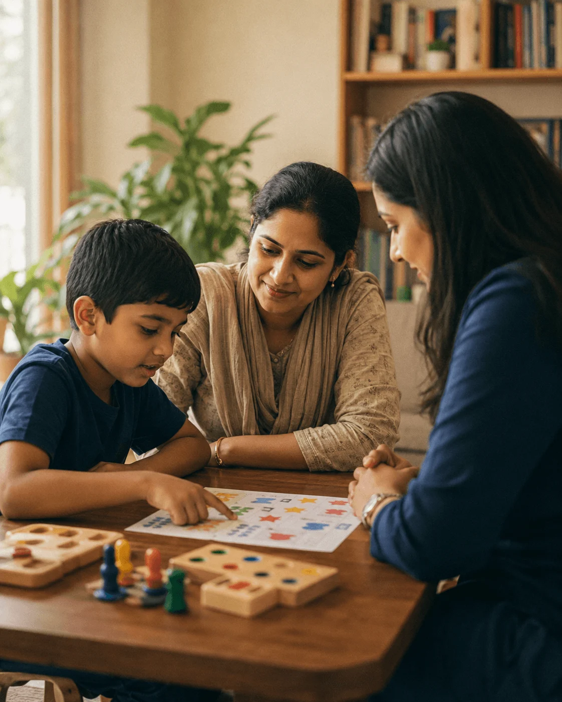 A parent and a school-age child sit side by side at a table with a therapist across from them, the child pointing at a worksheet in warm afternoon light