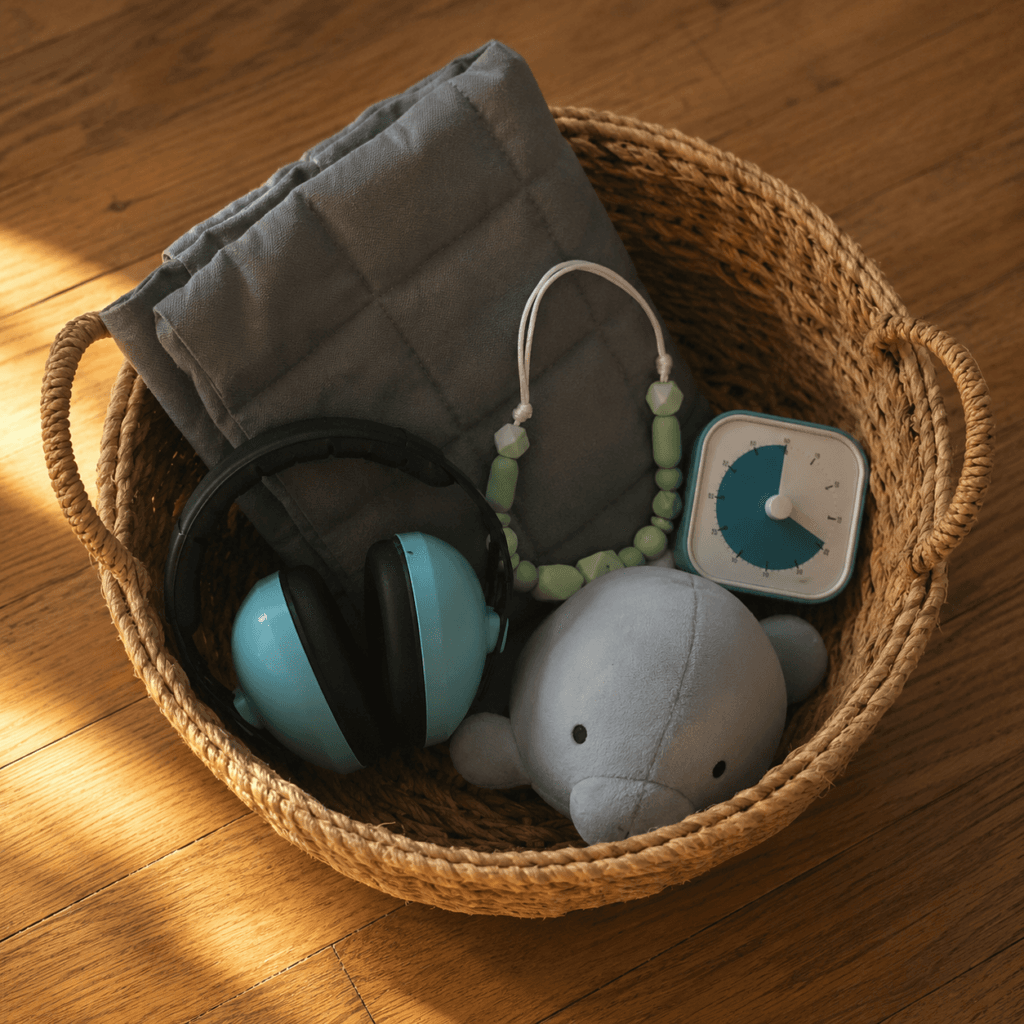 Top-down view of a woven basket with ear defenders, a chewy necklace, a squishy toy, a timer, and a weighted lap pad
