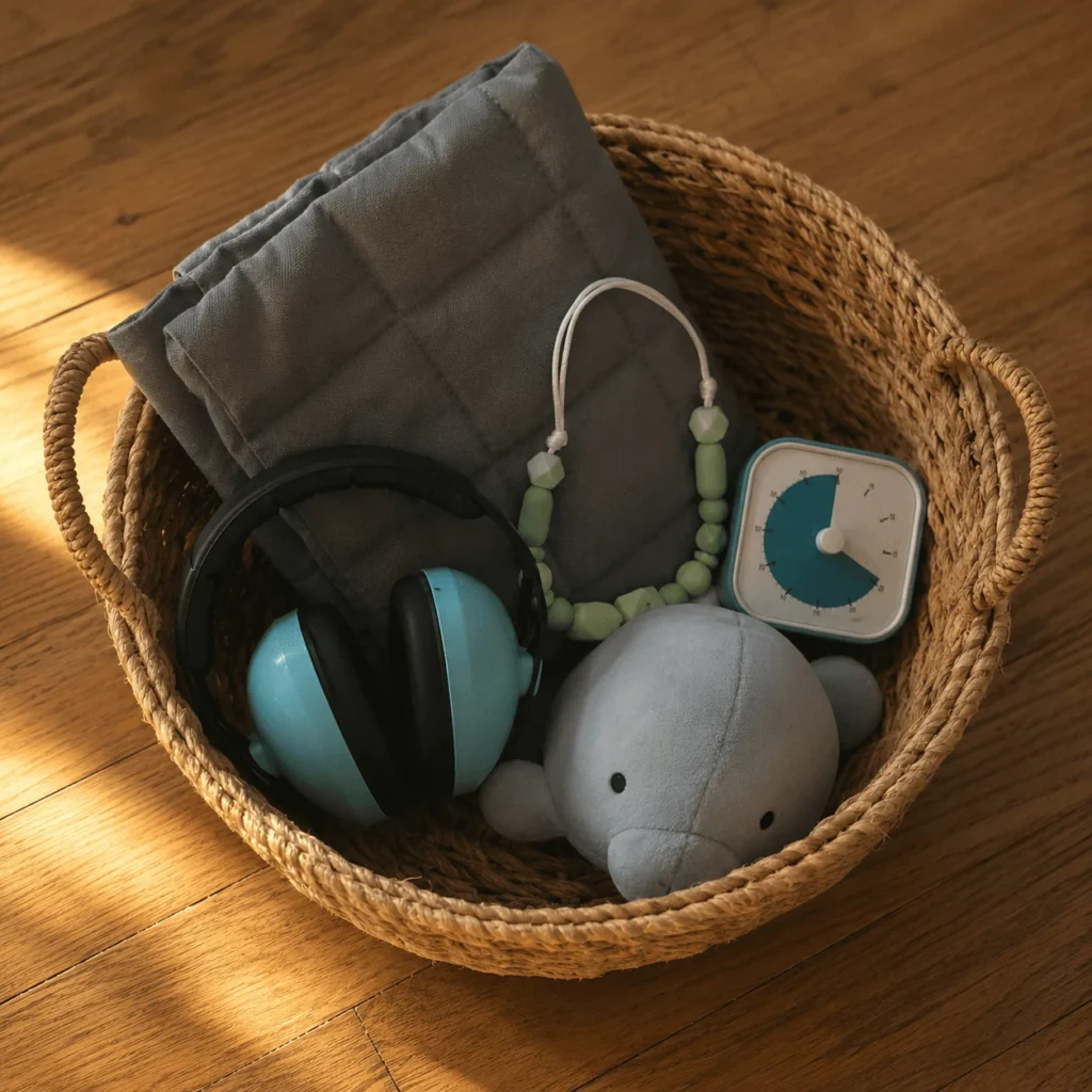 Top-down view of a woven basket with ear defenders, a chewy necklace, a squishy toy, a timer, and a weighted lap pad