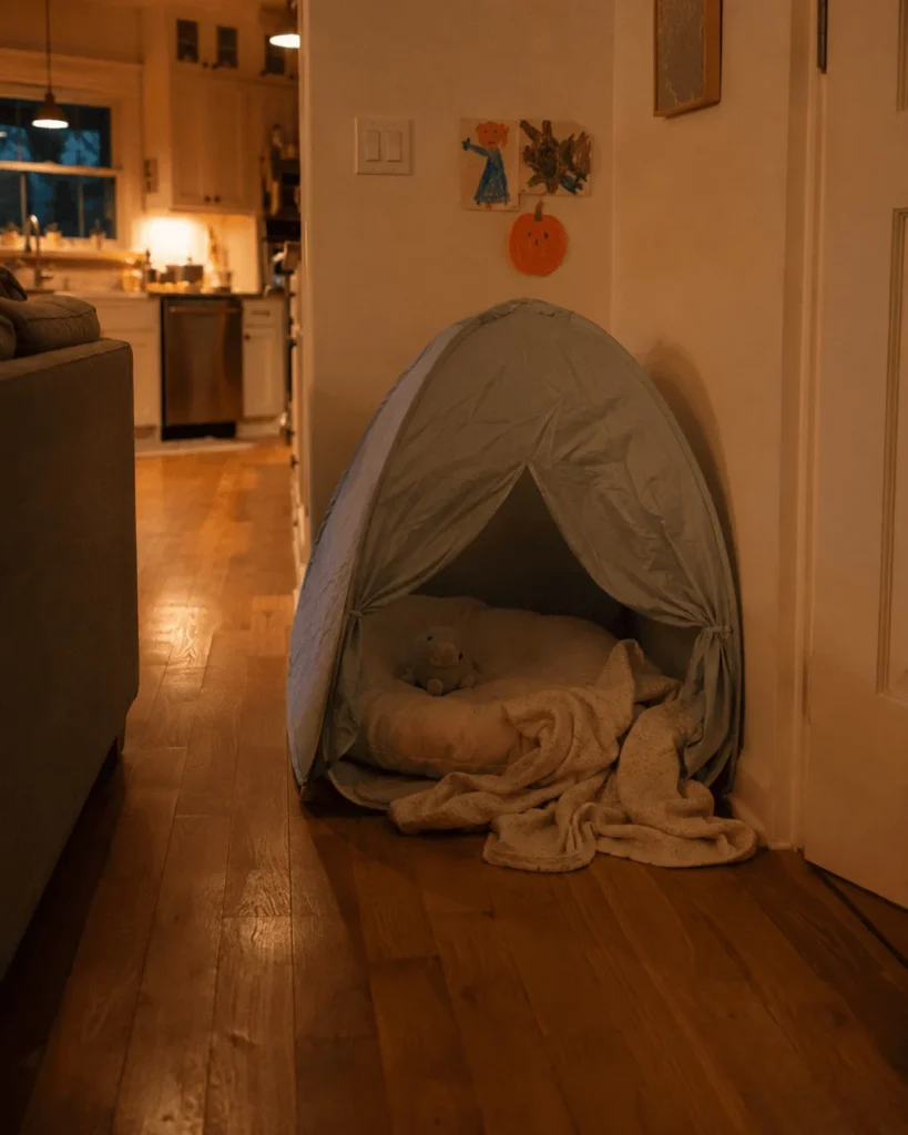 A cushion and small pop-up play tent tucked into a corner behind a couch, warmly lit hallway