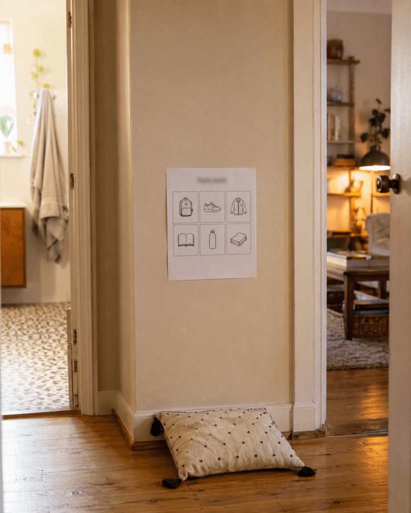 A six-tile icon poster taped to a hallway wall low, roughly at a young child's eye level, above a floor cushion