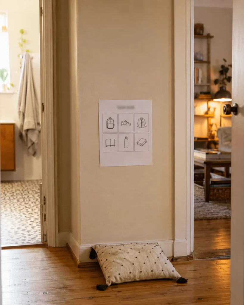 A six-tile icon poster taped to a hallway wall low, roughly at a young child's eye level, above a floor cushion