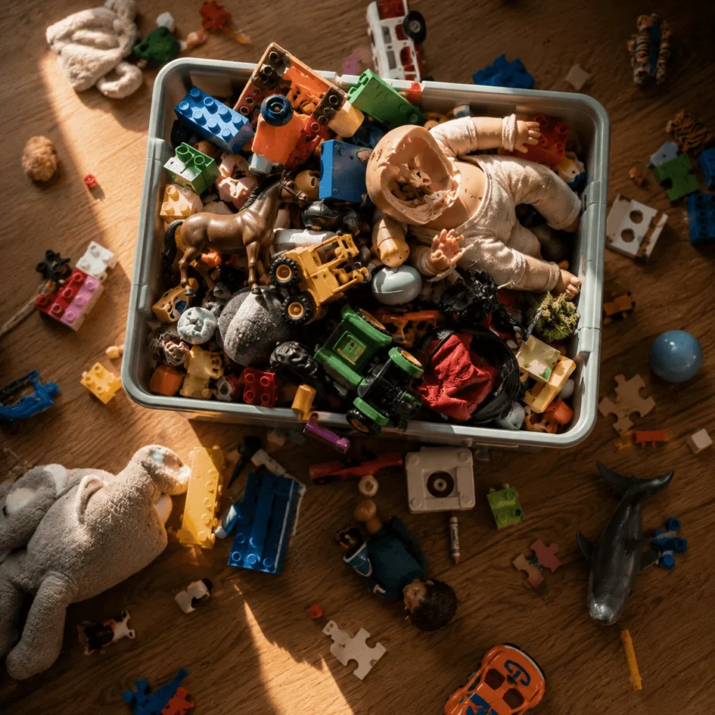 Top-down view of a large plastic bin overflowing with toys, blocks, figures, and puzzle pieces scattered around it