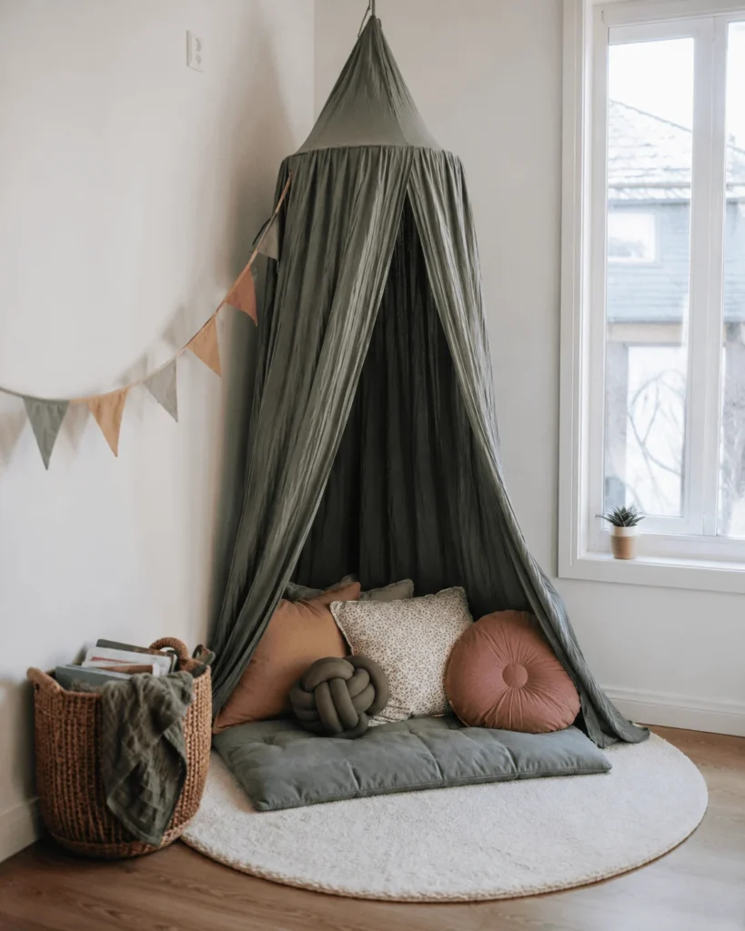 A perfectly styled canopy tent reading nook with matching cushions and a bunting garland, untouched