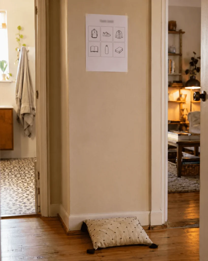 A six-tile icon poster taped to a hallway wall high, near the top of the doorframe, well above a young child's eye level