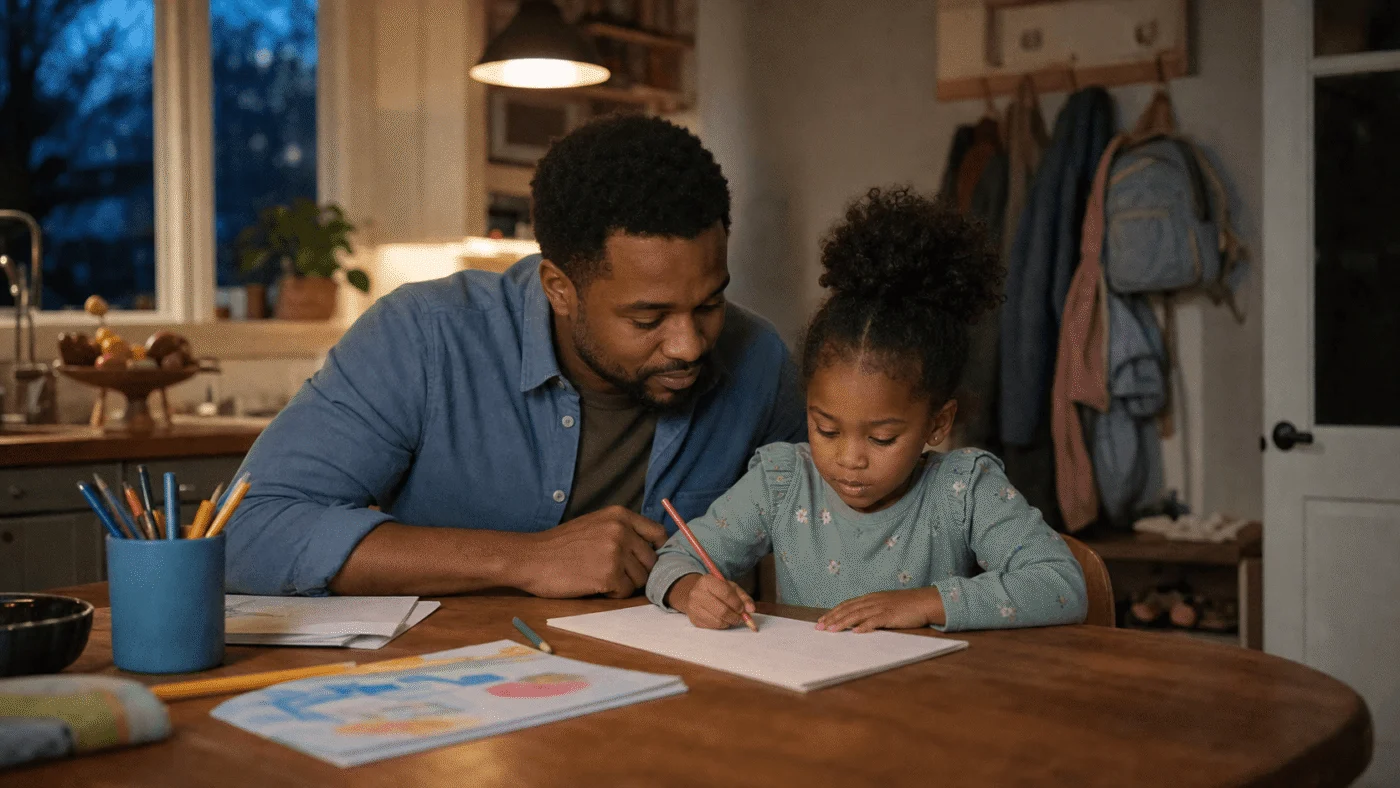 Father watches his young daughter practice writing at the kitchen table
