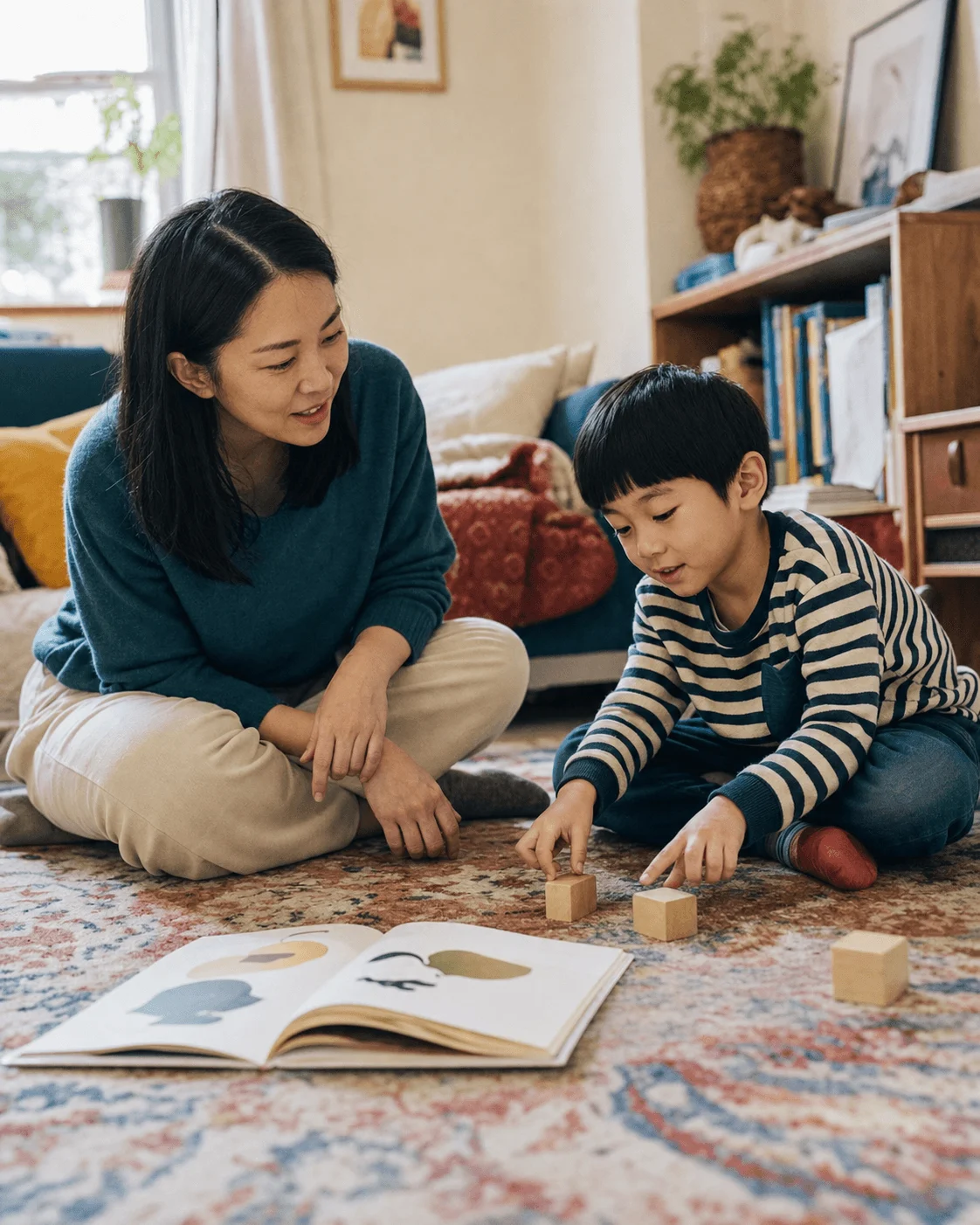 Mother and young son practise rhyme and speech sounds with blocks and a picture book