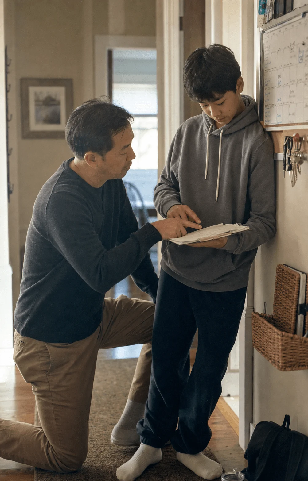 Parent and teen review a weekly plan at home