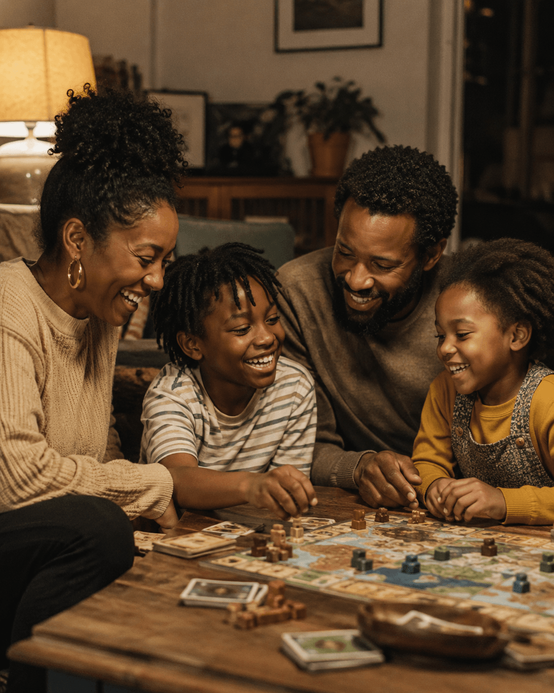 A Black family of four play a board game together at the table in warm lamplight, no phones in sight