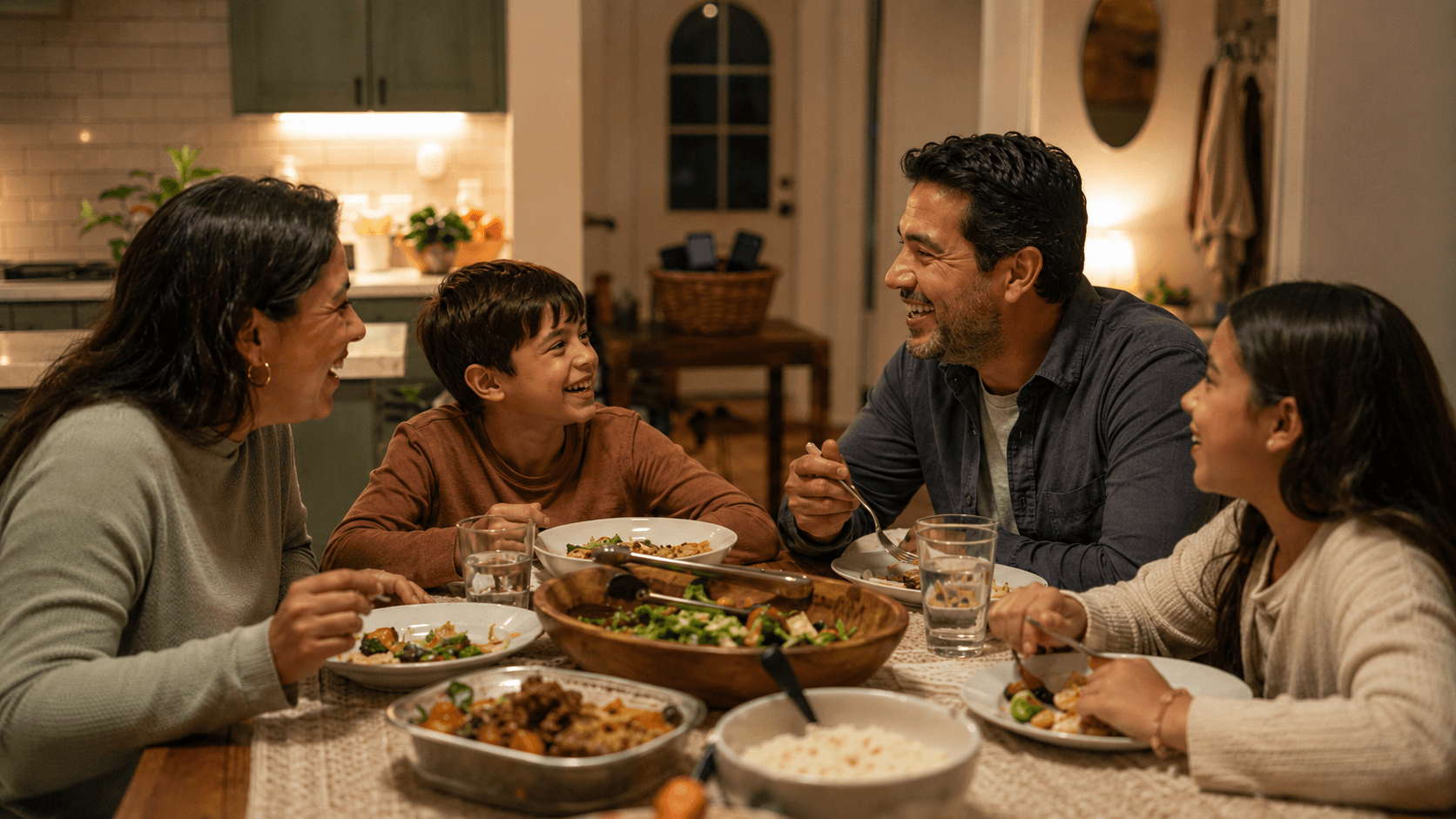 A family sits together at the table without phones visible, engaged in conversation