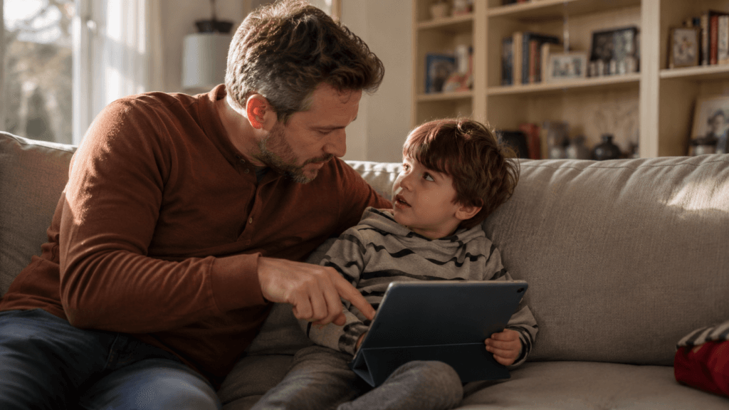 A parent and child sit together on a couch looking at a tablet, engaged and talking about what they're watching