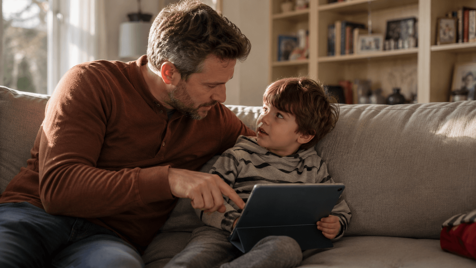 A parent and child sit together on a couch looking at a tablet, engaged and talking about what they're watching