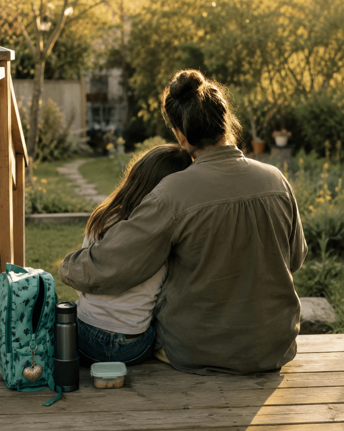 A parent sits on a wooden back deck at golden hour with an arm around a child leaning into their shoulder, a backpack and snack container beside them