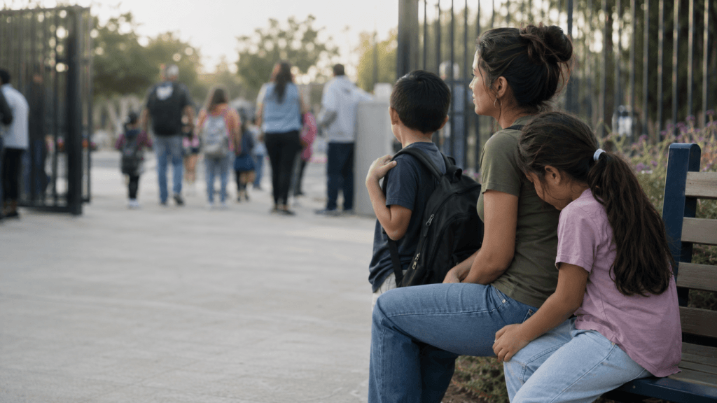 A mother sits on a bench inside the school gate at pickup while her son leans against her and her younger daughter slumps face-down into her lap