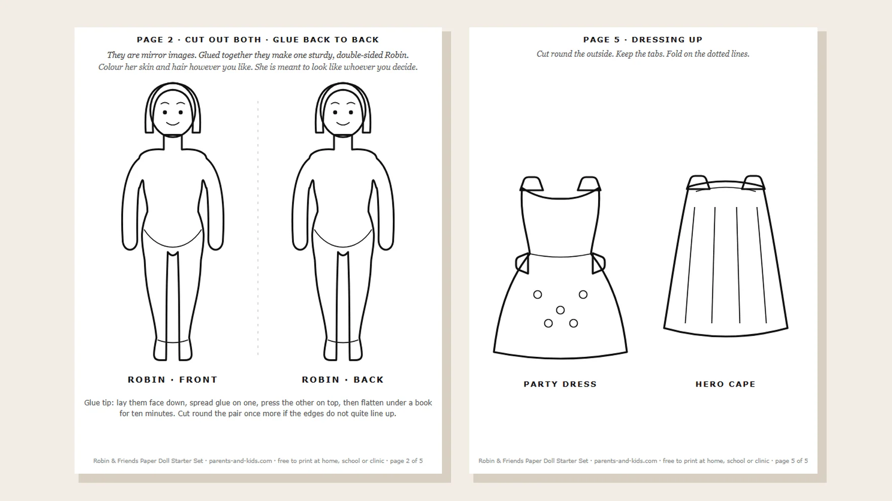 Two pages of the free printable paper doll set: the mirrored doll page and a page of outfits with fold-over tabs