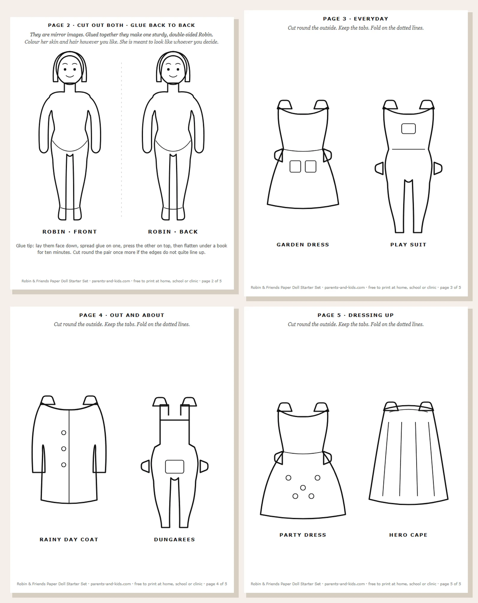 All four activity pages of the free printable paper doll set: the mirrored doll, everyday clothes, a coat and dungarees, a party dress and a hero cape