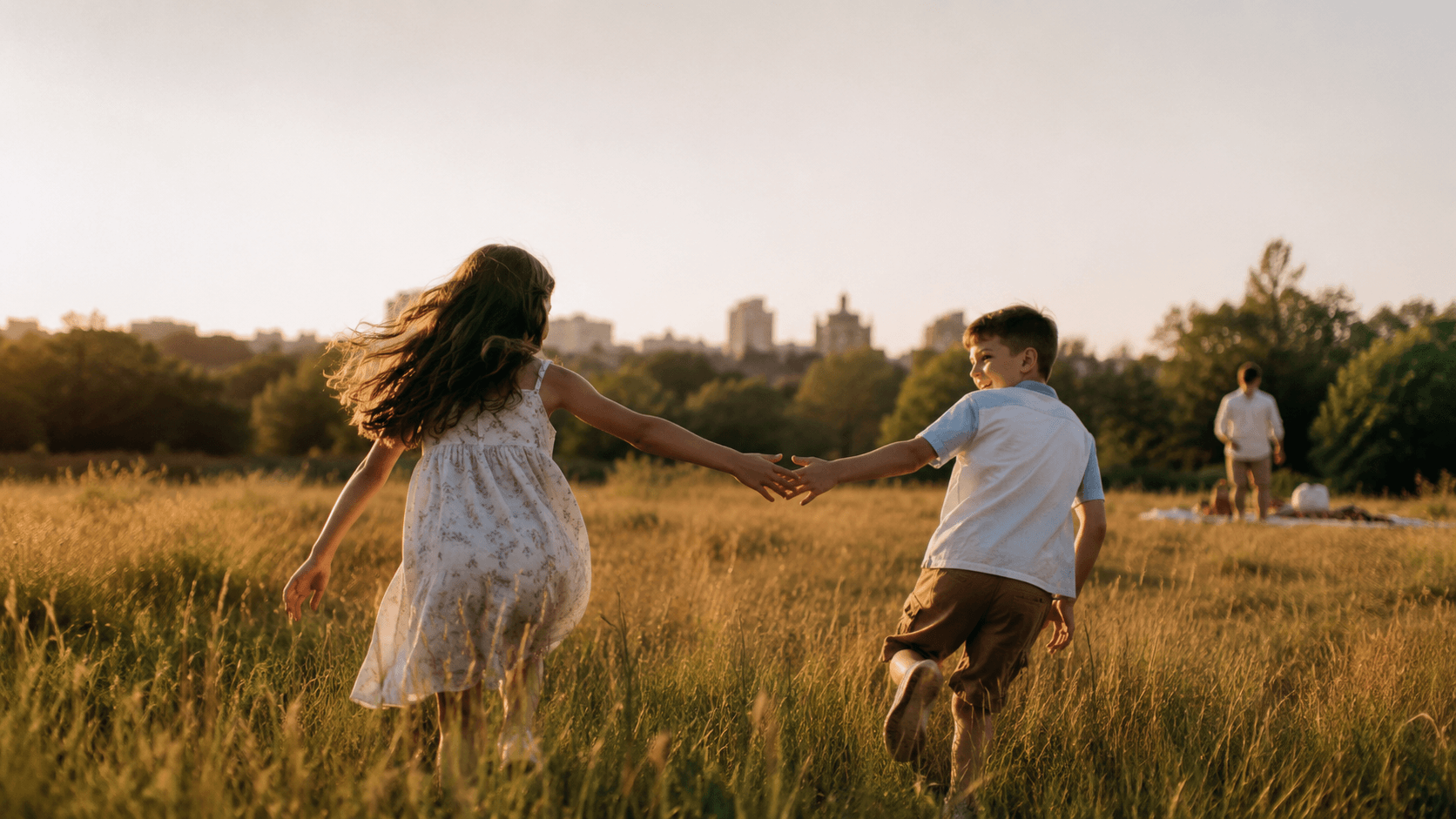 Boy and girl running through tall golden grass at sunset with a city skyline behind them