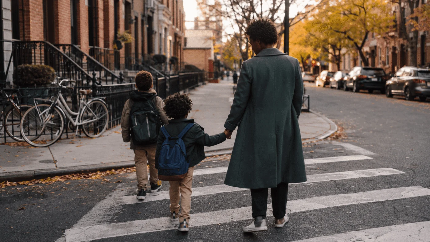 Mother and two sons crossing a leafy autumn street in a brownstone neighborhood
