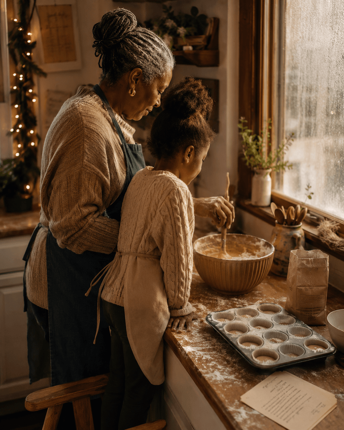 Grandmother and granddaughter stirring muffin batter at a counter with holiday lights in the window