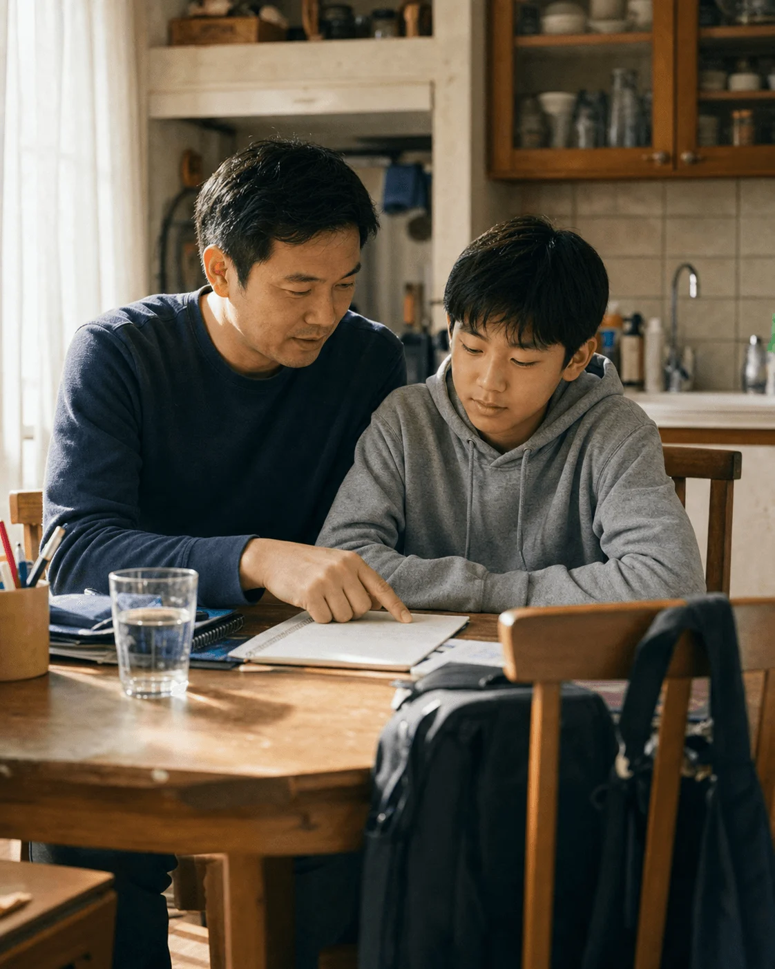 Father and son review school paperwork at a kitchen table