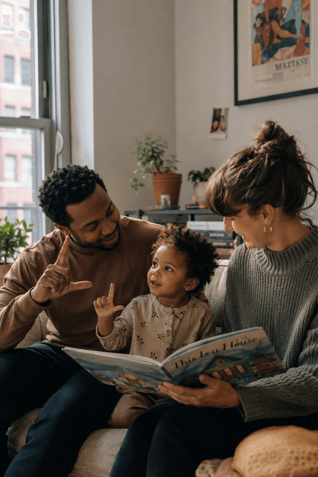 A Black father and white mother read a picture book with their toddler on a sofa in a warm apartment, the child pointing and gesturing at the page