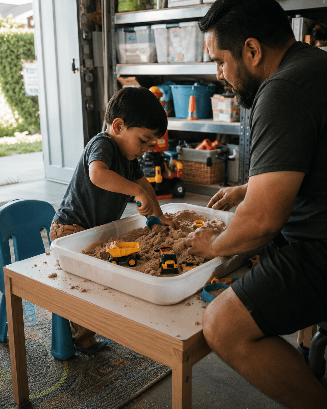 Father and young son digging in a bin of kinetic sand with toy construction trucks at a small table