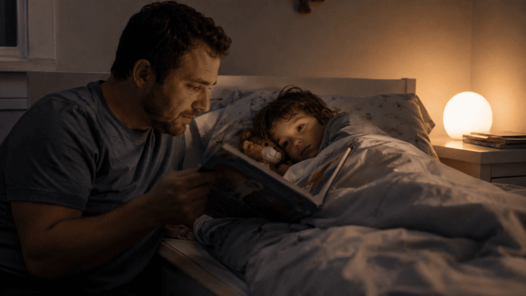A parent reads a bedtime story beside a childs bed in a softly lit room with a small round glowing nightlight on the nightstand
