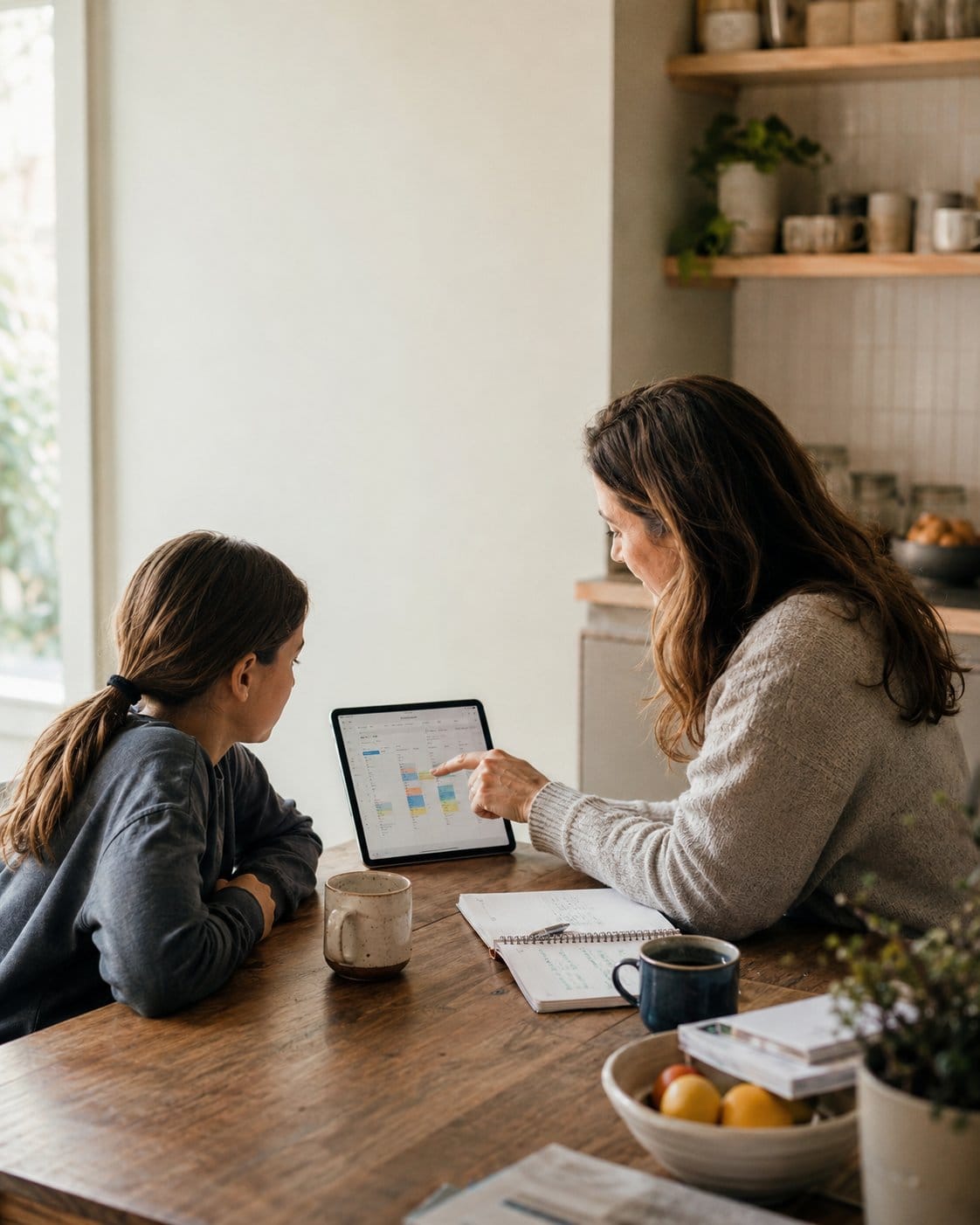 Mother and daughter looking at a tablet schedule together in the kitchen