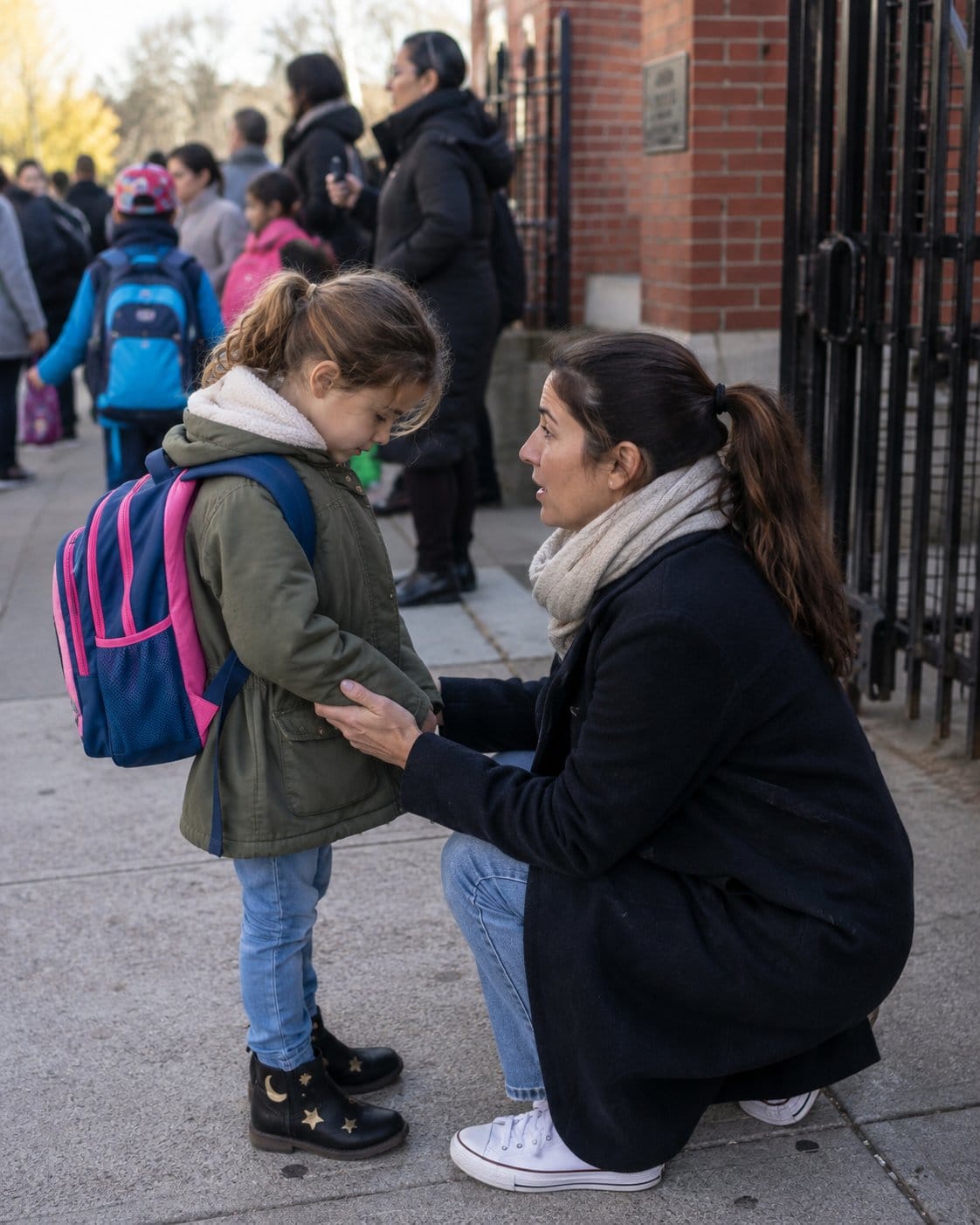 A mother and daughter pause near a school gate before drop-off