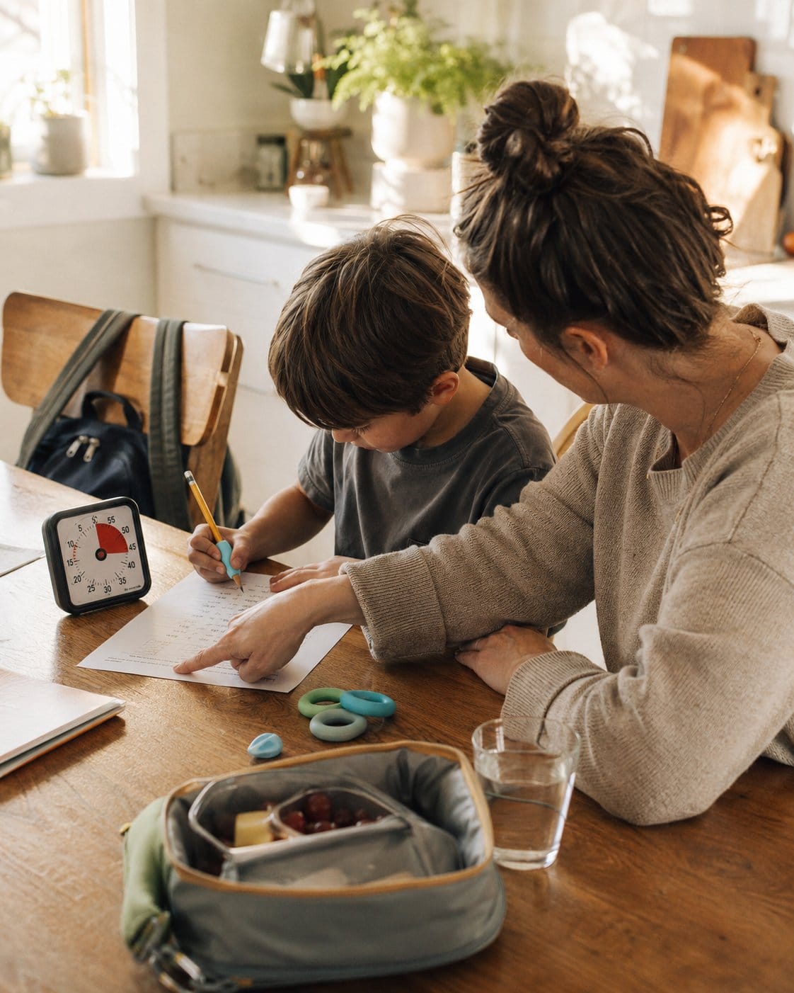 Child doing homework at a kitchen table with quiet fidget rings and a visual timer nearby