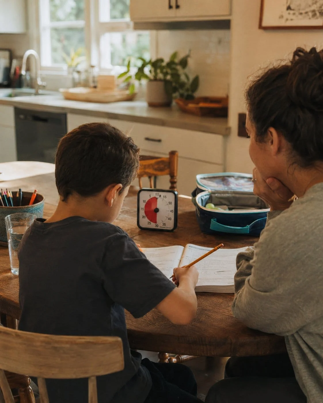 Mom and son using a visual timer during homework after school