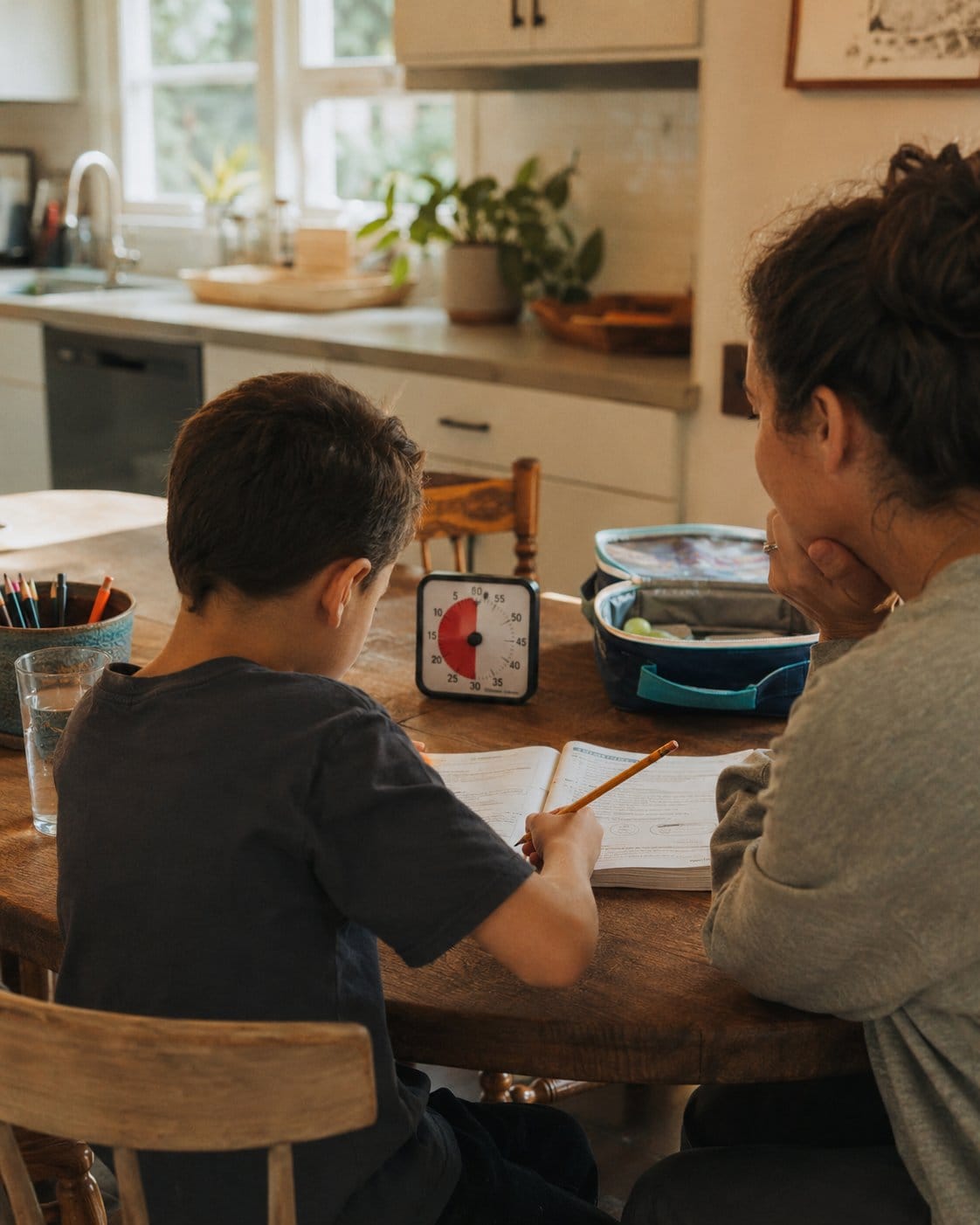 A mother and son use a visual timer after school at the table