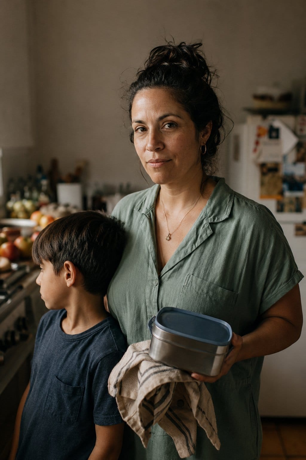 Mother and son packing a school lunch in the kitchen