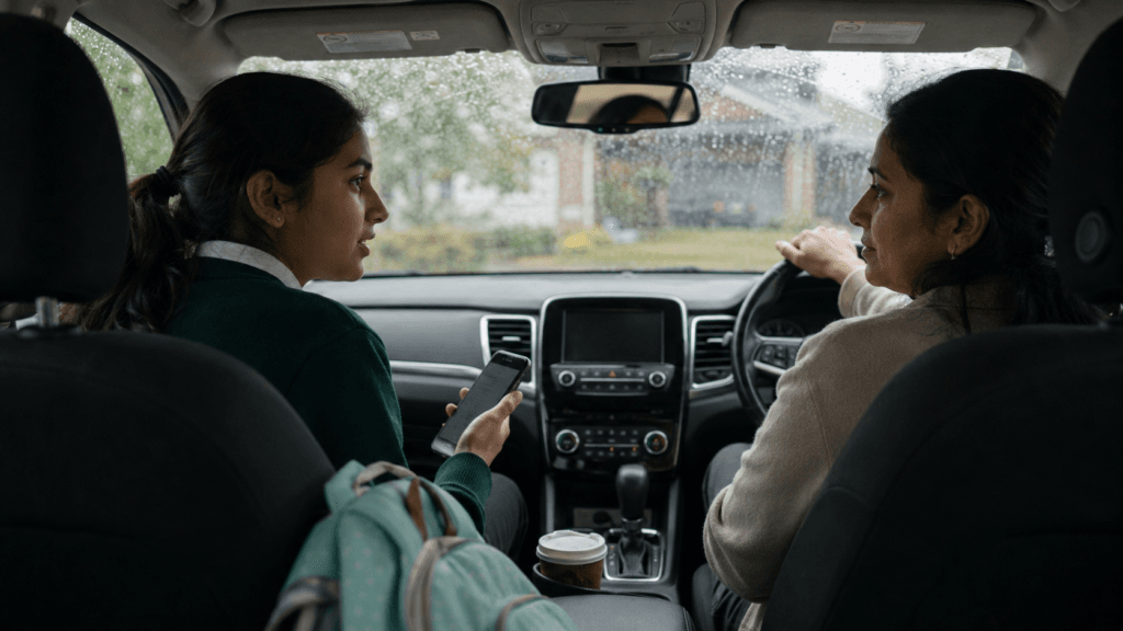 A mother and her teenage daughter talk in the car on a rainy school run, the daughter holding her phone
