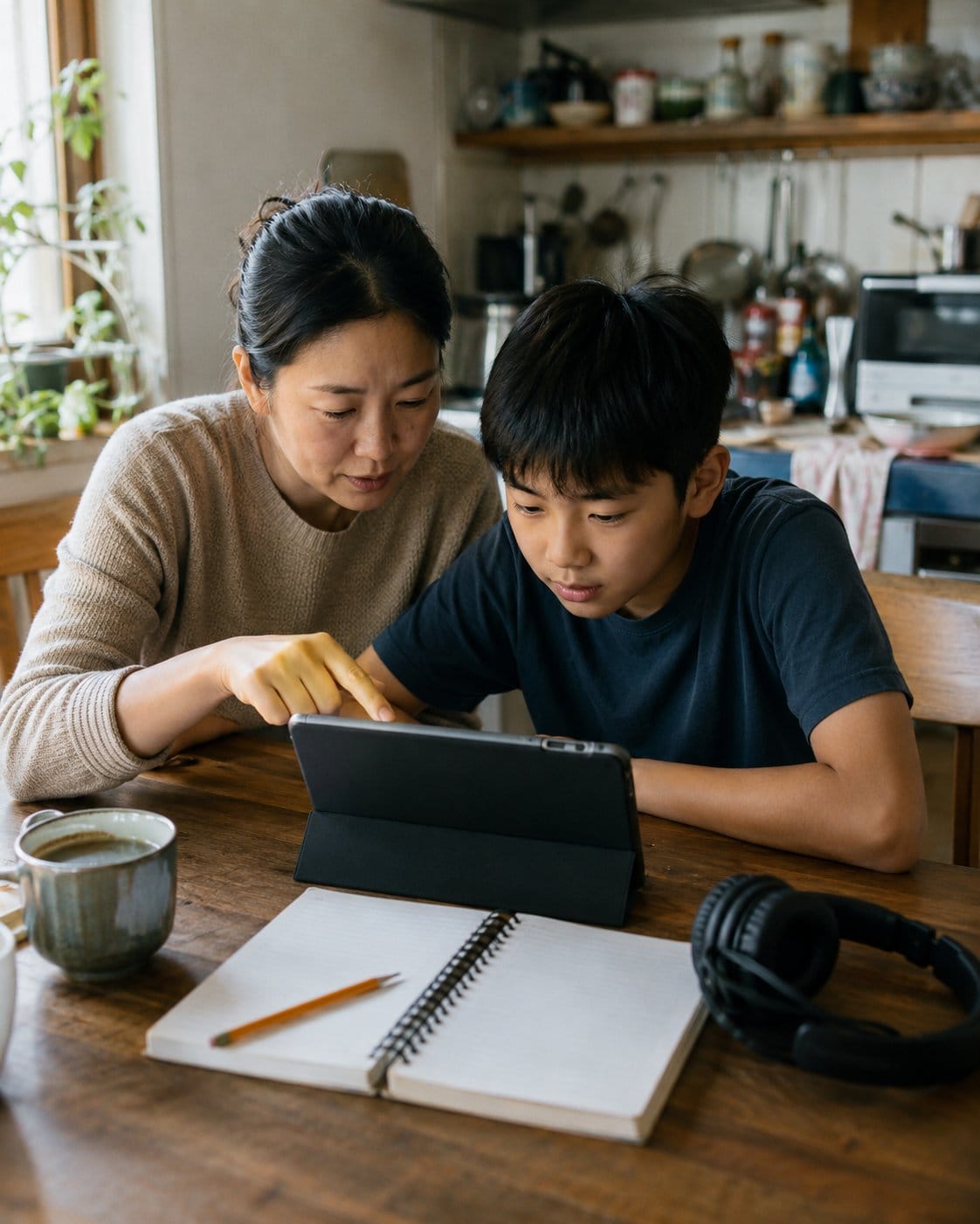 Mom and teen son using a tablet for homework at the kitchen table