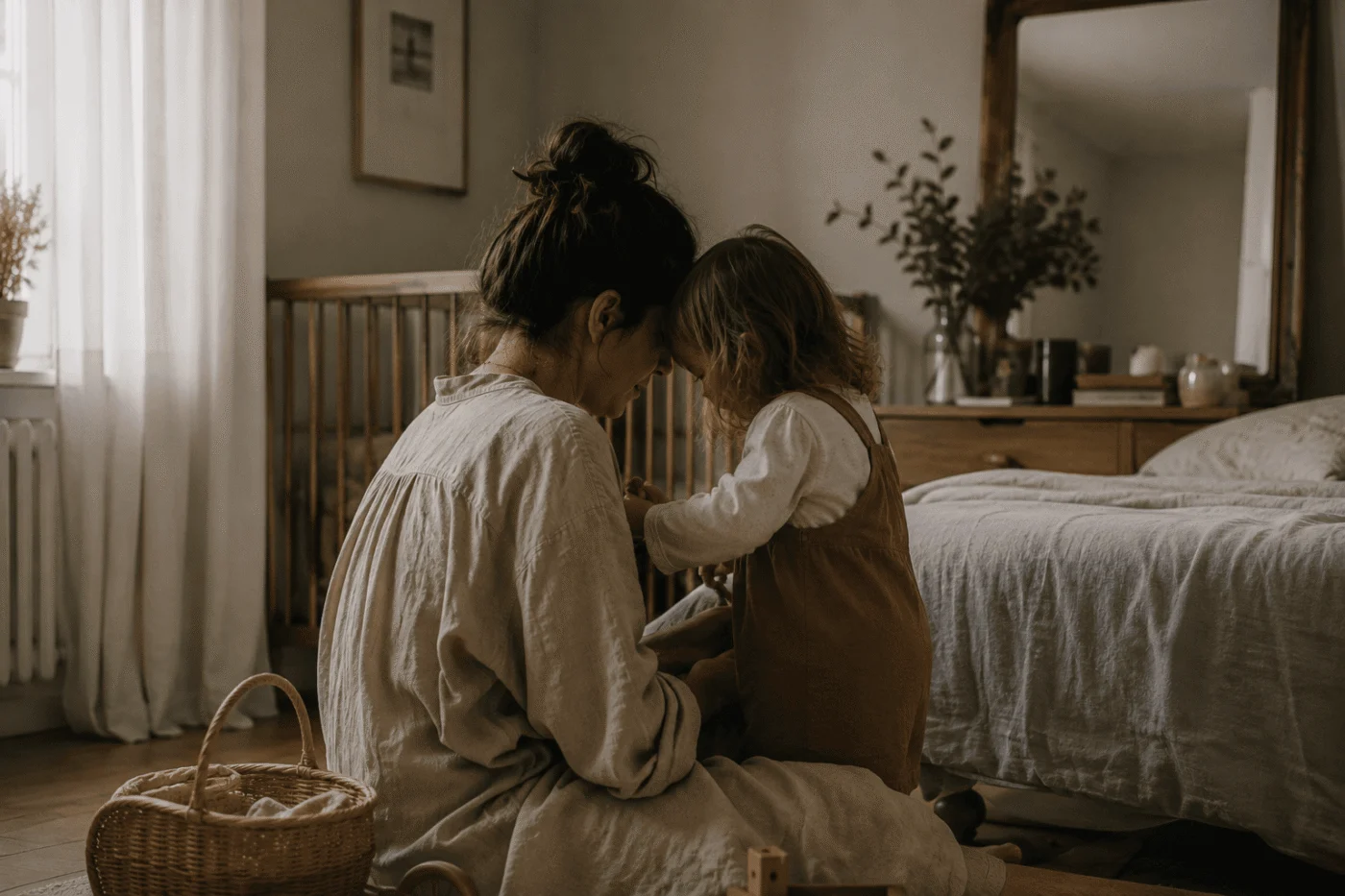 A mother leans over the crib and gently touches foreheads with her baby at night