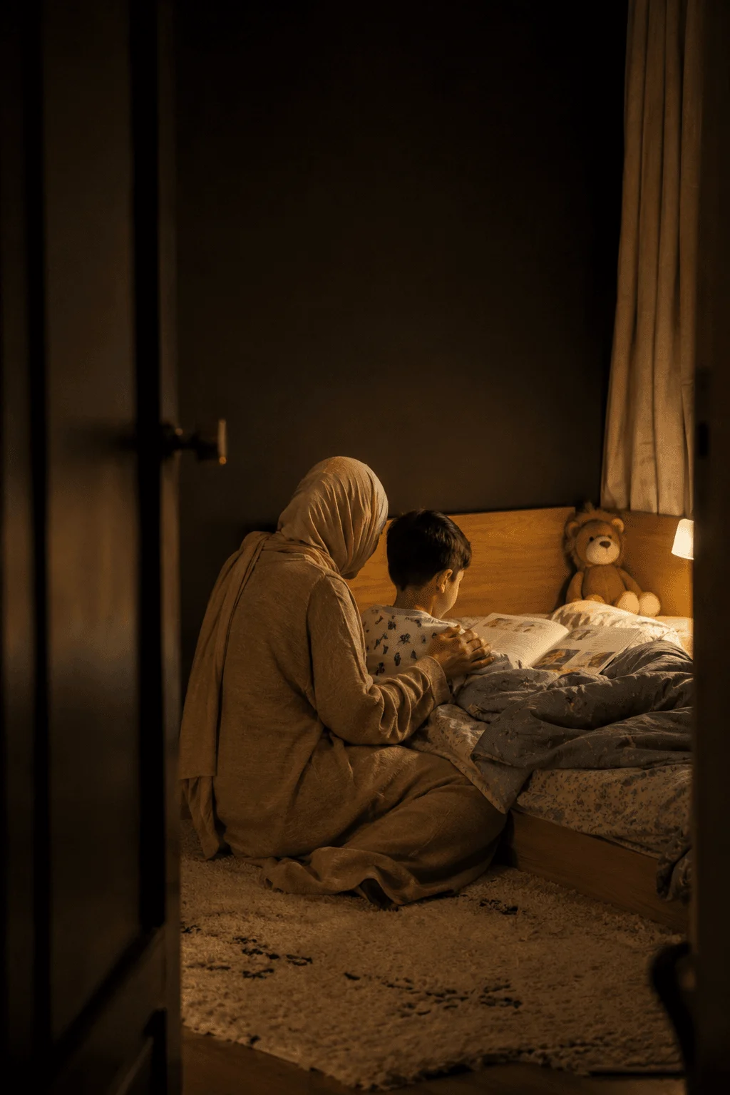 A Middle Eastern mother in a hijab settles her toddler to sleep by a soft nightlight