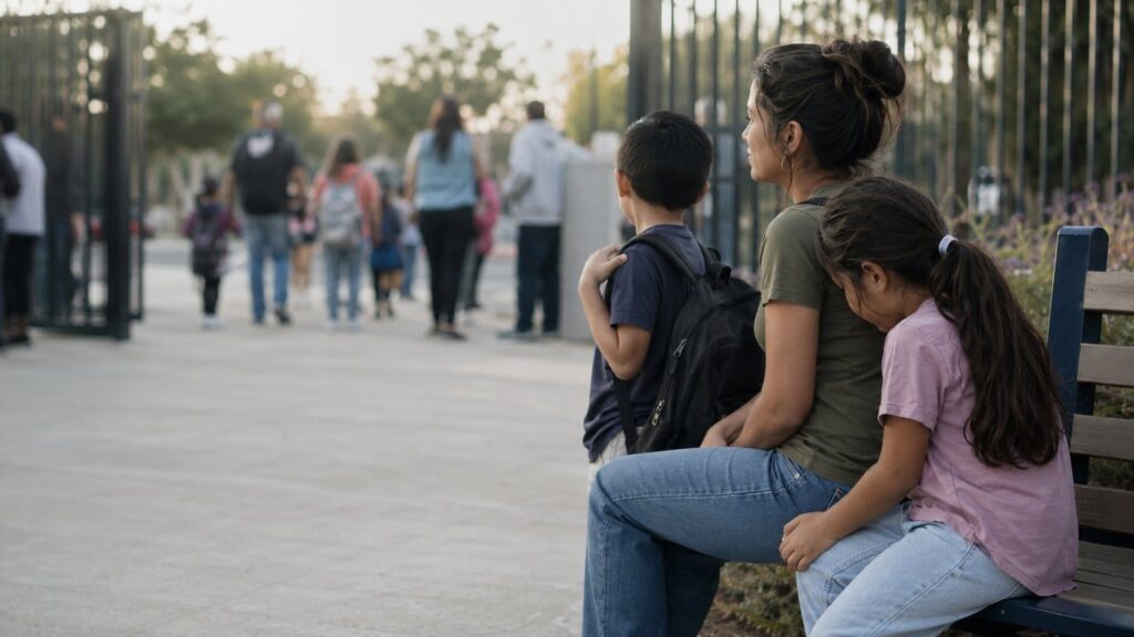 Mother sitting with two children after school pickup