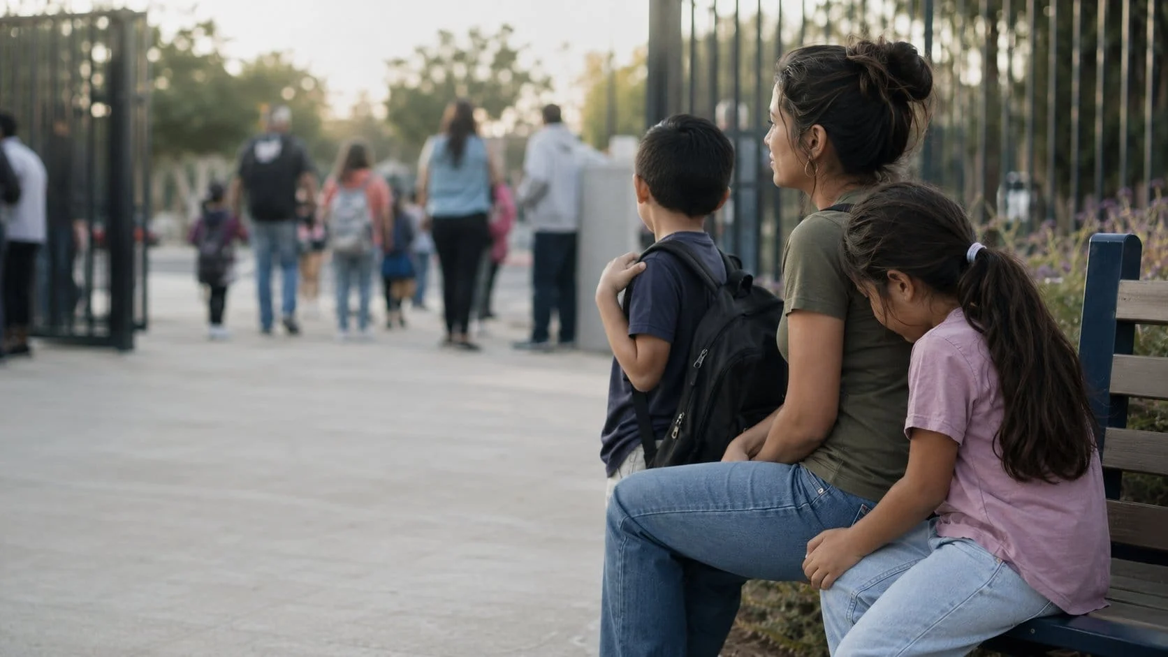 Mother sitting with her two children outside school after pickup