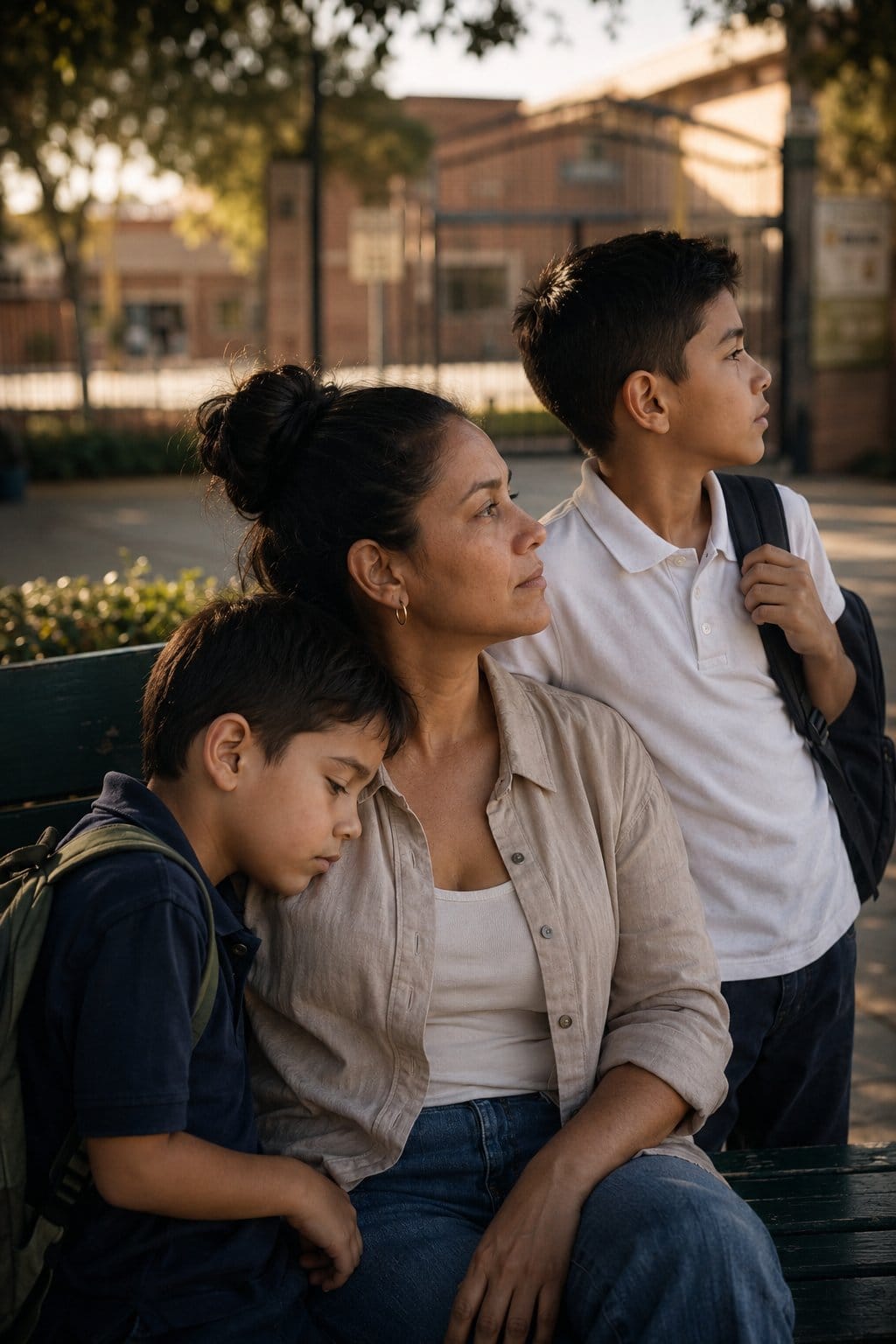 Mother sitting quietly beside her son after school
