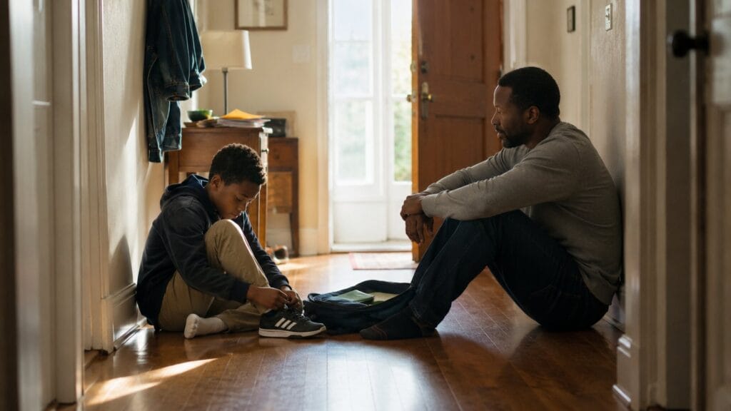 A father and his young son sit at opposite ends of a sunlit hallway floor at home, the boy quietly putting on his sneaker beside an open school backpack