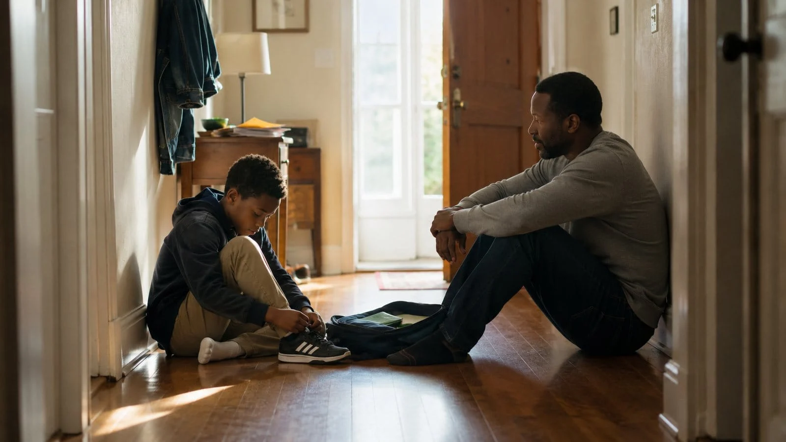 A father and his young son sit at opposite ends of a sunlit hallway floor at home, the boy quietly putting on his sneaker beside an open school backpack