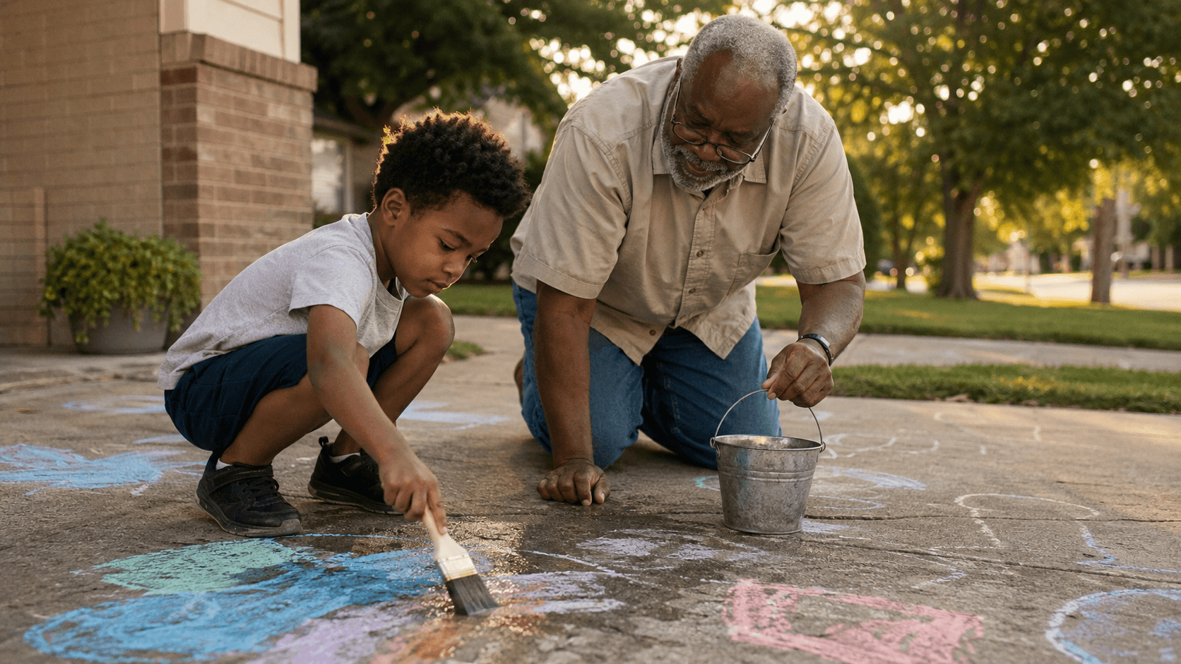 Grandfather and child painting sidewalk chalk with water outside